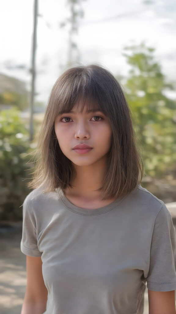 a realistic close up photo (((beautiful young Javanese girl, full body, photography, cinematic))), with super straight, (((bright brown hair, bangs and bob cut))), (((extremely skinny and slender, with a sleek, yet softly proportioned figure))), wearing a ((cropped grey t-shirt)) that accentuates her toned physique against a backdrop of a sunny, outdoor setting