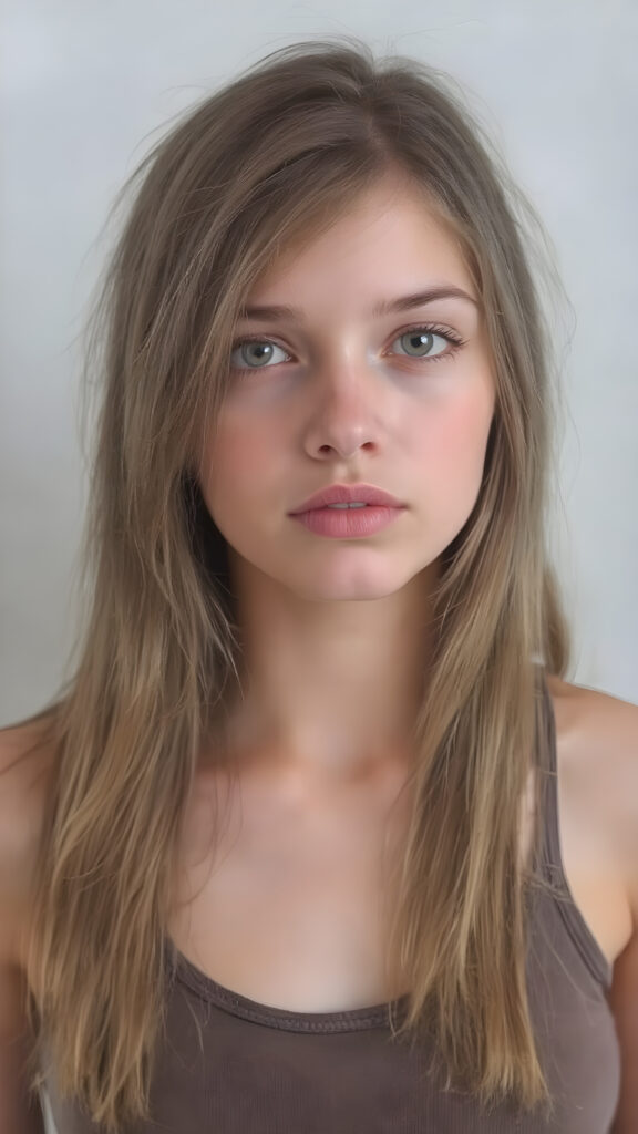 a (((realistic cute teen girl))), with straight soft long light brown hair, (full lips), and ((big amber eyes, round face)) that exude innocence, paired with a (short cropped tank top) that emphasizes her perfect body, (perfect skin), her figure is so perfectly proportioned that it defies reality, (((against a light grey backdrop))) ((upper body portrait))