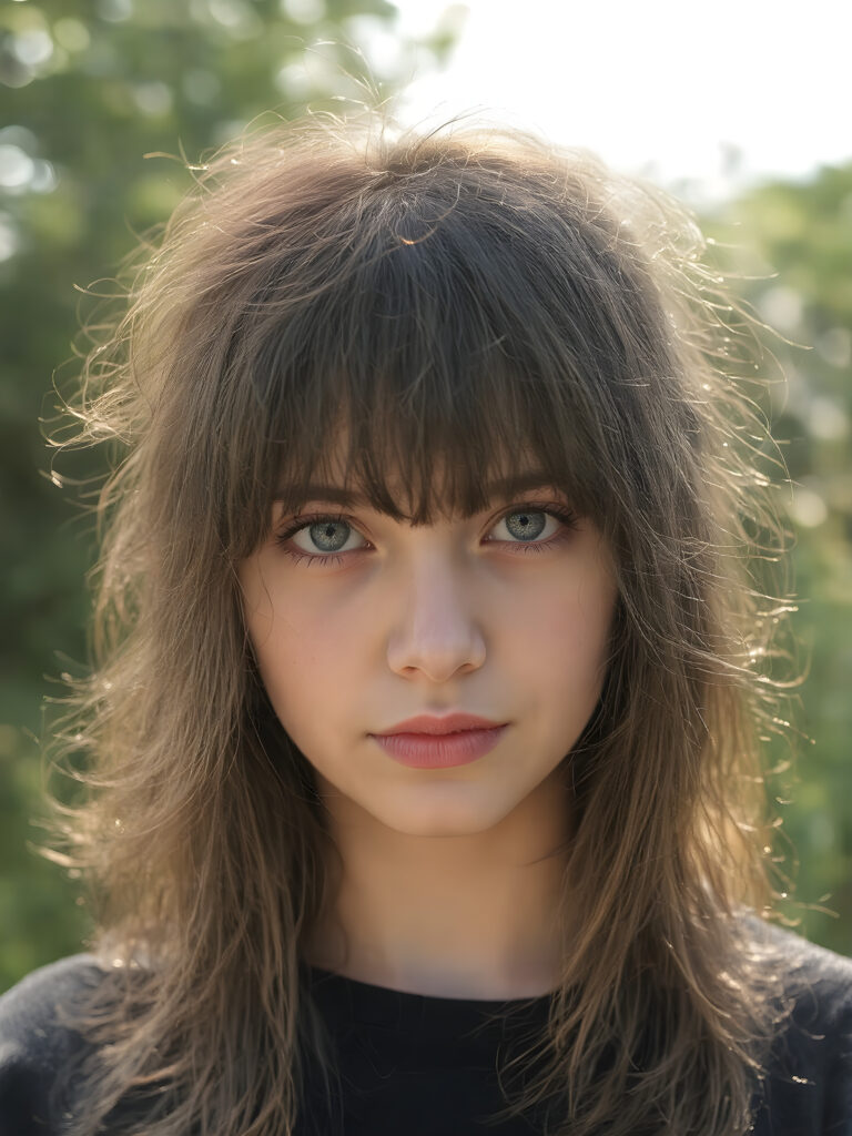 a (((realistic portrait))), representing a (((beautiful young girl, long soft obsidian black messy full hair, bangs cut))), round face, with an (((ultra realistic, intricate details))) that defy the laws of physics, with a (((dynamic advanced lighting system))) that brings out the extreme details, composited against a (((natural, sunny green backdrop))), emulating a hyper-realistic, advanced photography