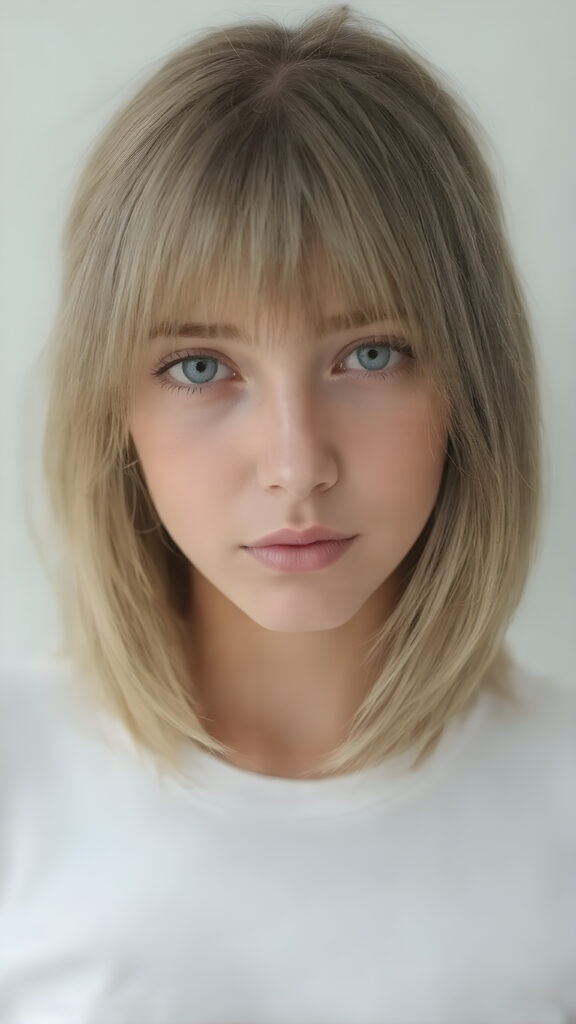 a realistic full body picture of the very beautiful girl. She has ((straight natural (greenish-brown hair, bob cut) with intricate details)), that flows gracefully down her back. The figure is dressed in ((white short t-shirt)), enhancing the natural beauty of the figure. The overall atmosphere of the picture is ((softly dreamy)) and ((extremely detailed)), with ((eyes that convey a sense of warmth and fantasy)).