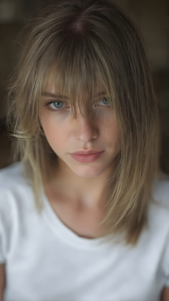 a realistic full body picture of the very beautiful girl. She has ((straight natural (greenish-brown hair, bob cut) with intricate details)), that flows gracefully down her back. The figure is dressed in ((white short t-shirt)), enhancing the natural beauty of the figure. The overall atmosphere of the picture is ((softly dreamy)) and ((extremely detailed)), with ((eyes that convey a sense of warmth and fantasy)).