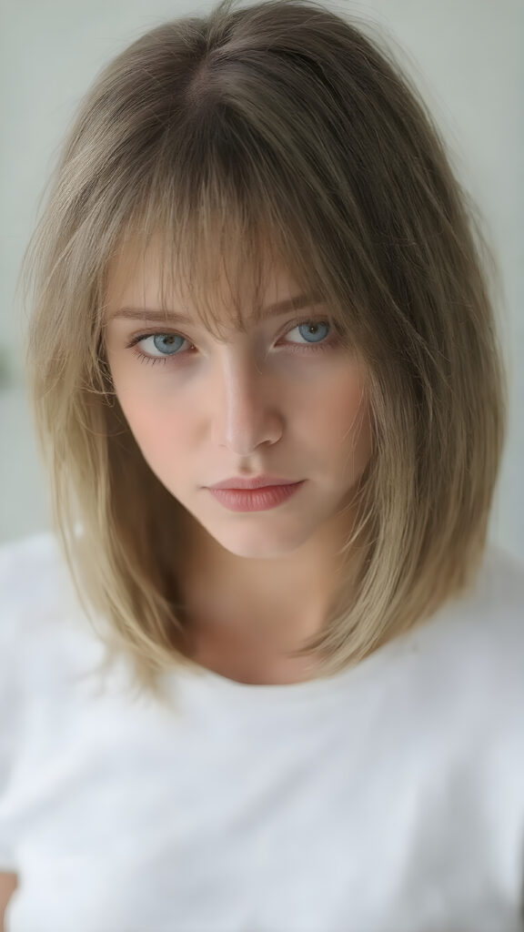 a realistic full body picture of the very beautiful girl. She has ((straight natural (greenish-brown hair, bob cut) with intricate details)), that flows gracefully down her back. The figure is dressed in ((white short t-shirt)), enhancing the natural beauty of the figure. The overall atmosphere of the picture is ((softly dreamy)) and ((extremely detailed)), with ((eyes that convey a sense of warmth and fantasy)).