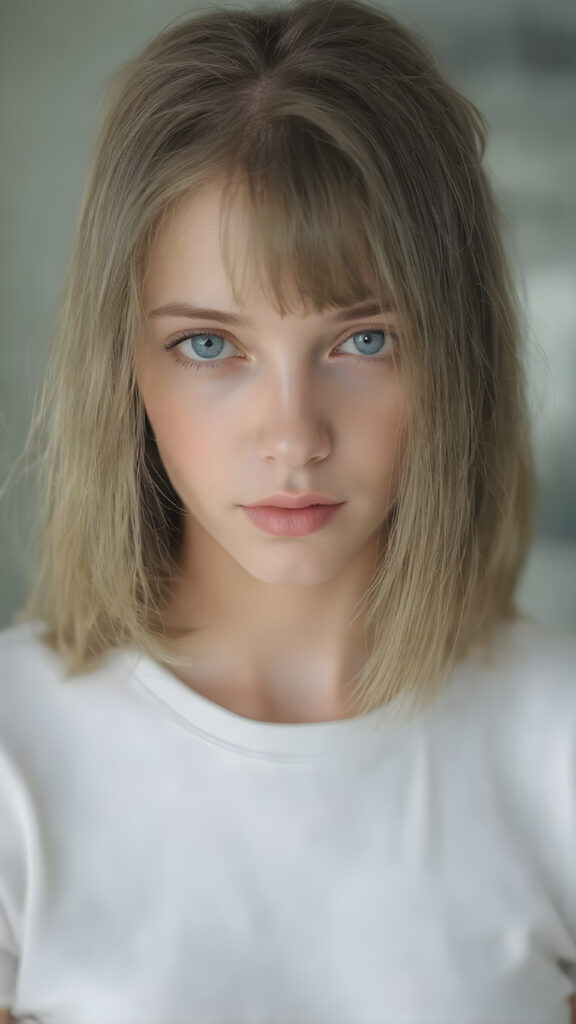 a realistic full body picture of the very beautiful girl. She has ((straight natural (greenish-brown hair, bob cut) with intricate details)), that flows gracefully down her back. The figure is dressed in ((white short t-shirt)), enhancing the natural beauty of the figure. The overall atmosphere of the picture is ((softly dreamy)) and ((extremely detailed)), with ((eyes that convey a sense of warmth and fantasy)).