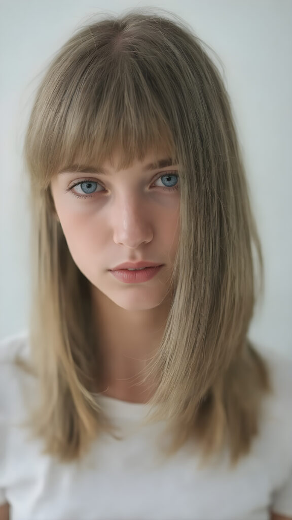 a realistic full body picture of the very beautiful girl. She has ((straight natural (greenish-brown hair, bob cut) with intricate details)), that flows gracefully down her back. The figure is dressed in ((white short t-shirt)), enhancing the natural beauty of the figure. The overall atmosphere of the picture is ((softly dreamy)) and ((extremely detailed)), with ((eyes that convey a sense of warmth and fantasy)).
