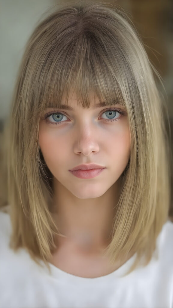 a realistic full body picture of the very beautiful girl. She has ((straight natural (greenish-brown hair, bob cut) with intricate details)), that flows gracefully down her back. The figure is dressed in ((white short t-shirt)), enhancing the natural beauty of the figure. The overall atmosphere of the picture is ((softly dreamy)) and ((extremely detailed)), with ((eyes that convey a sense of warmth and fantasy)).