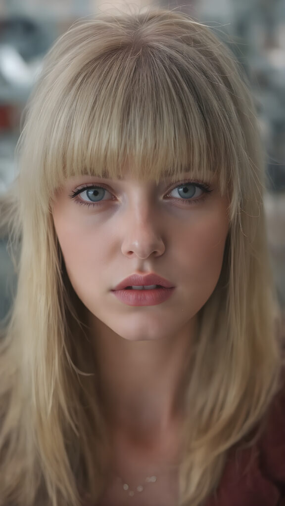 a realistic girl, straight blond hair, bangs, full plump red lips, perfect makeup