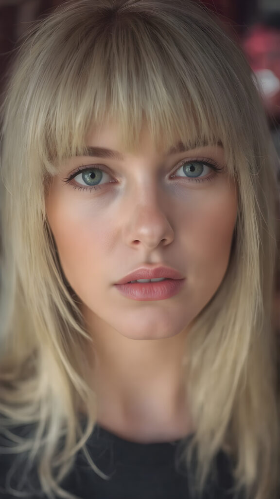 a realistic girl, straight blond hair, bangs, full plump red lips, perfect makeup