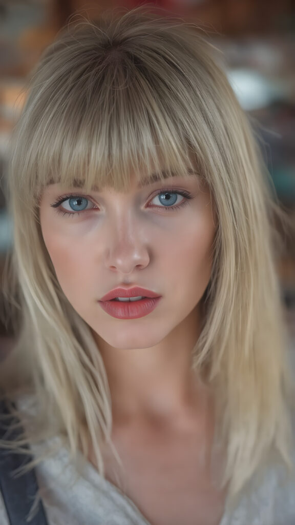 a realistic girl, straight blond hair, bangs, full plump red lips, perfect makeup