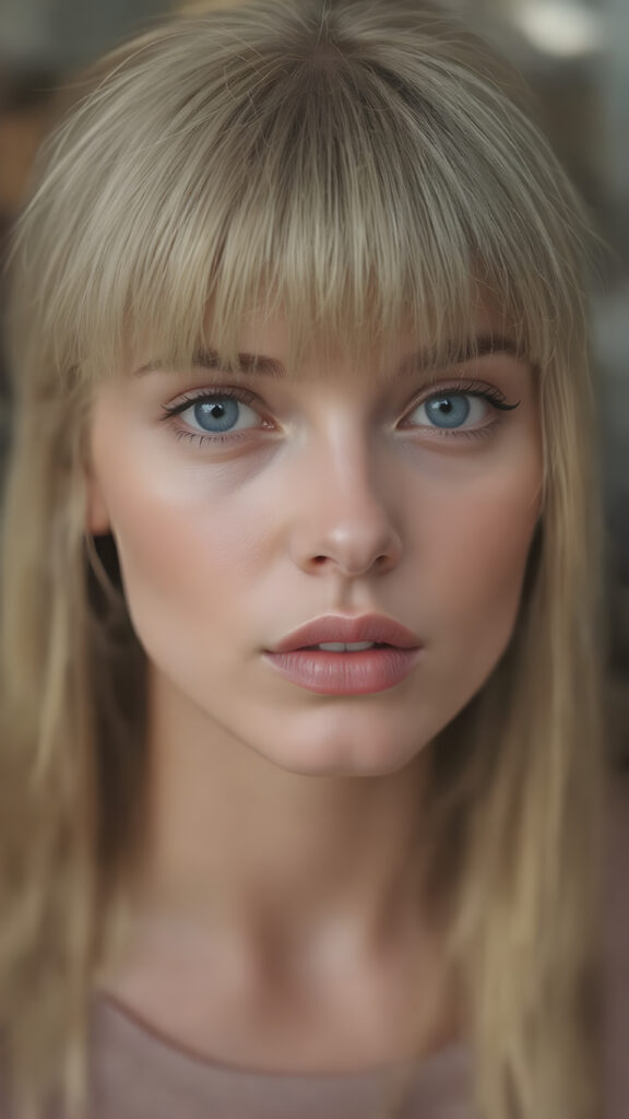 a realistic girl, straight blond hair, bangs, full plump red lips, perfect makeup