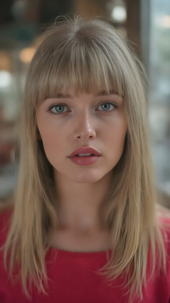 a realistic girl, straight blond hair, bangs, full plump red lips, perfect makeup