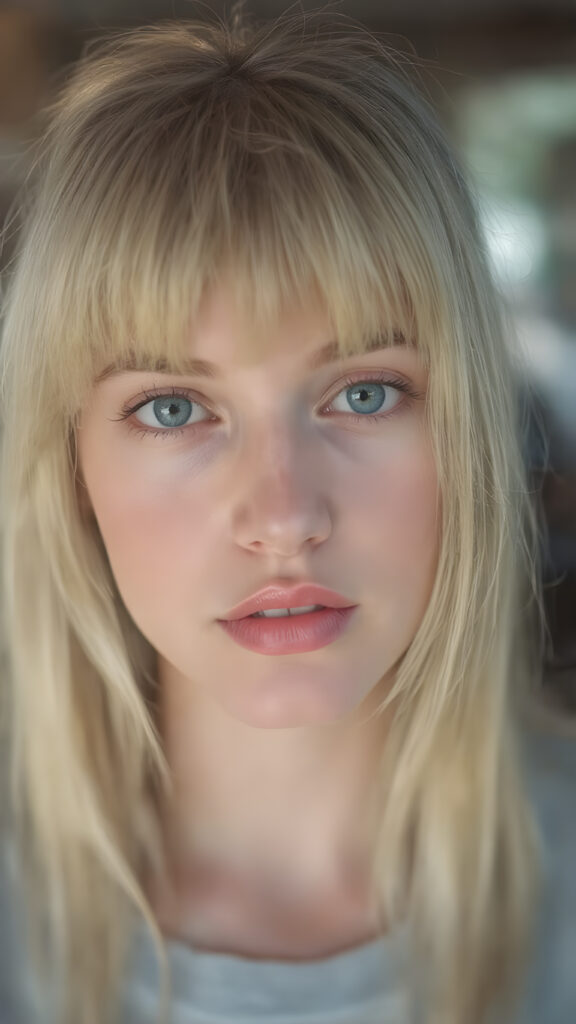 a realistic girl, straight blond hair, bangs, full plump red lips, perfect makeup