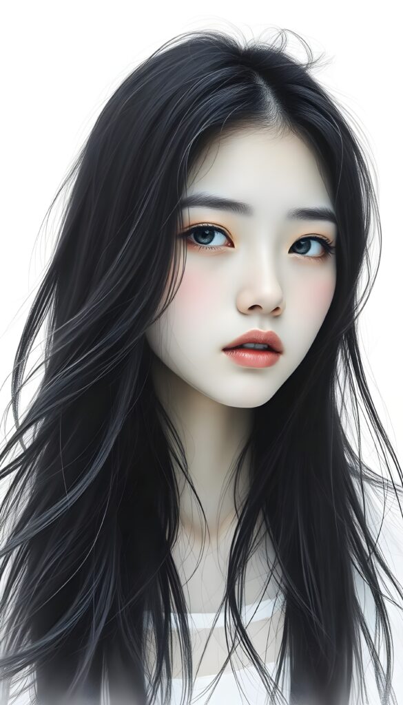 a realistic pencil drawing (((vividly drawn portrait))), capturing a young girl with long, flowing (((black hair))), her eyes sparkling and her skin radiant, embodying flawless beauty, she looks sadly to the viewer, white backdrop.