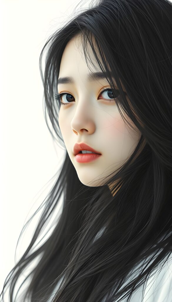 a realistic pencil drawing (((vividly drawn portrait))), capturing a young girl with long, flowing (((black hair))), her eyes sparkling and her skin radiant, embodying flawless beauty, she looks sadly to the viewer, white backdrop.