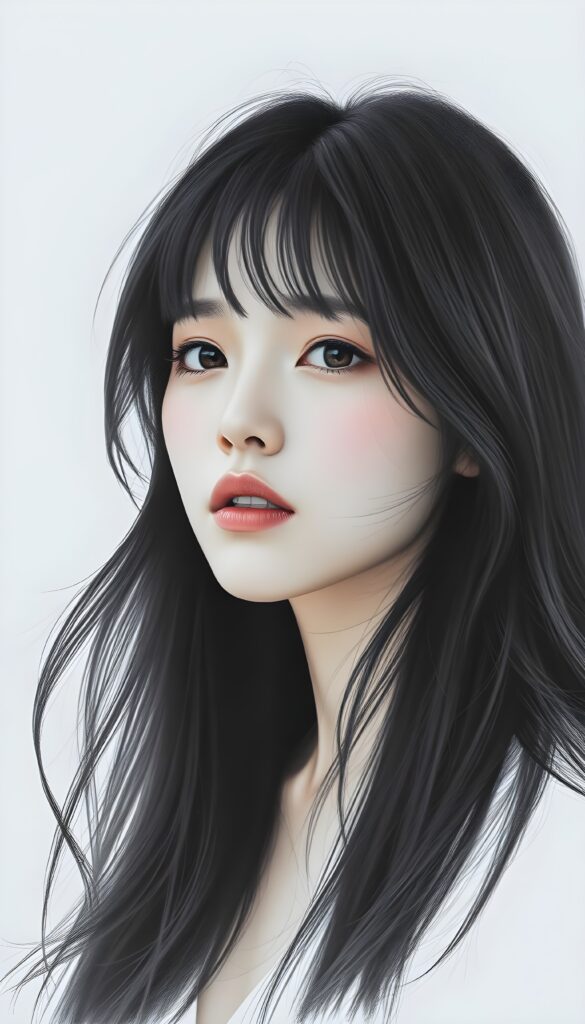 a realistic pencil drawing (((vividly drawn portrait))), capturing a young girl with long, flowing (((black hair))), her eyes sparkling and her skin radiant, embodying flawless beauty, she looks sadly to the viewer, white backdrop.