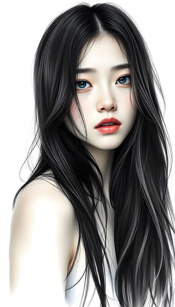 a realistic pencil drawing (((vividly drawn portrait))), capturing a young girl with long, flowing (((black hair))), her eyes sparkling and her skin radiant, embodying flawless beauty, she looks sadly to the viewer, white backdrop.