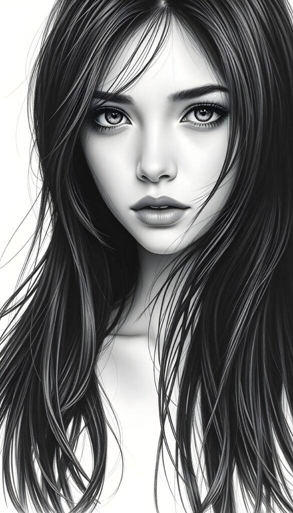 A hyper-realistic pencil drawing of a young girl with long, flowing black hair, her eyes sparkling with a mix of curiosity and melancholy. The girl's skin is radiant, with subtle highlights catching the light. She gazes intently at the viewer, evoking a sense of deep emotion. The background is a pure white, enhancing the contrast and focusing attention on her expressive features. The drawing is highly detailed, with intricate shading that brings out the texture of her hair and the softness of her skin. The lighting is gentle, creating a soft glow around her face. The overall composition is balanced, with the girl positioned slightly off-center, adding dynamism to the portrait.