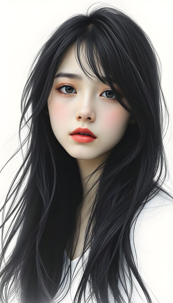 a realistic pencil drawing (((vividly drawn portrait))), capturing a young girl with long, flowing (((black hair))), her eyes sparkling and her skin radiant, embodying flawless beauty, she looks sadly to the viewer, white backdrop.