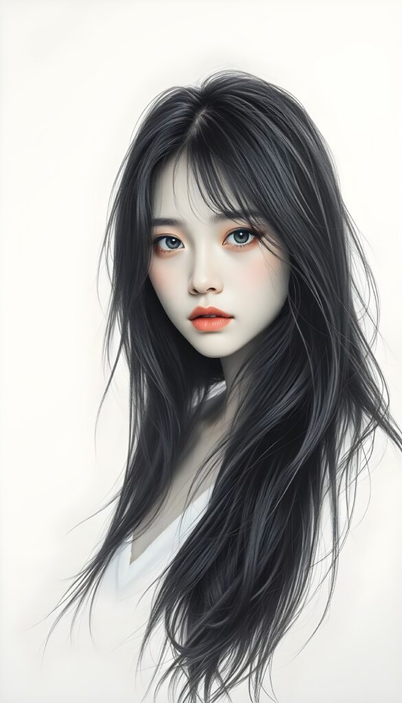 a realistic pencil drawing (((vividly drawn portrait))), capturing a young girl with long, flowing (((black hair))), her eyes sparkling and her skin radiant, embodying flawless beauty, she looks sadly to the viewer, white backdrop.
