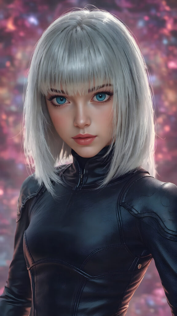 a realistic photo of a young girl in a black leader armor suit. She has straight platinum white hair, bangs hairstyle, perfectly shaped body, blue eyes, perfect curved female body, seductive