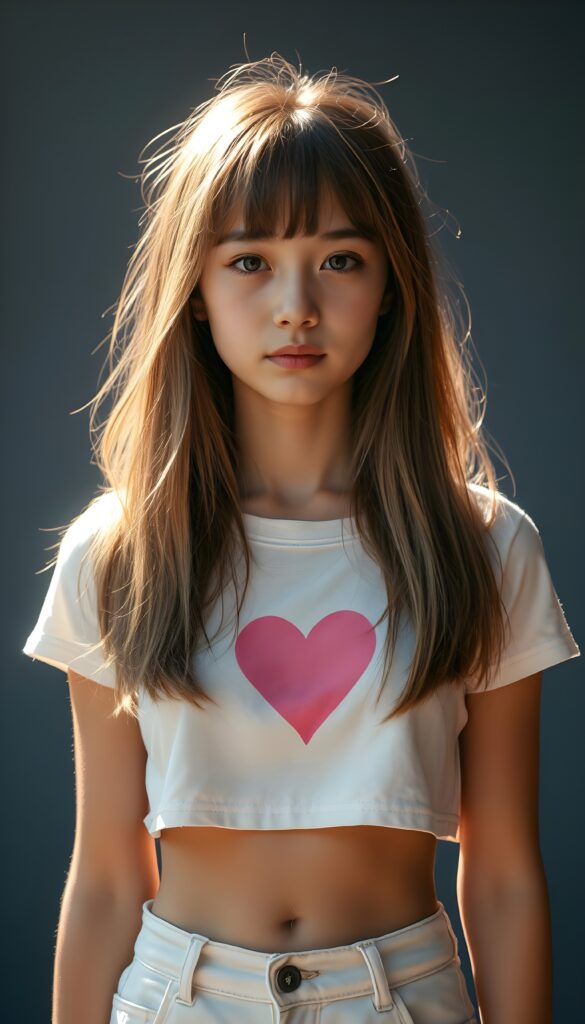 a realistic photography of a (((cute teen girlie))) with (((soft open straight brown hair and blond highlights falls down, bangs and perfect shoulder length bob cut))), a ((white thin cropped t-shirt with a pink, heart-shaped stain on the chest)), that gives off a (warm, cozy glow), blended with a cool, vibrant (studio-like lighting) backdrop, perfect for a (summer fashion look). Perfect female body. White cargo pants.