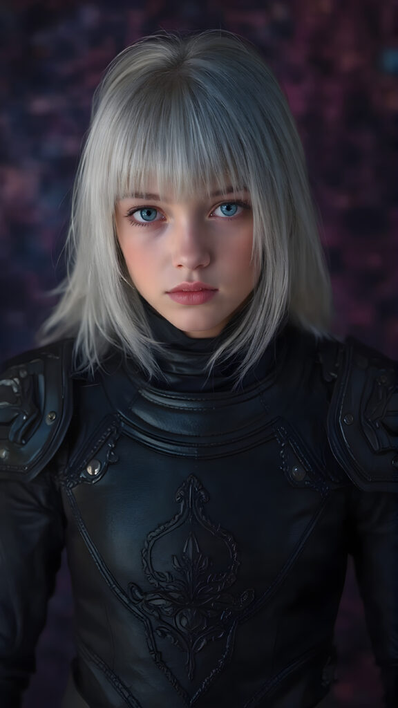 a realistic photo of a young girl in a black leader armor suit. She has straight platinum white hair, bangs hairstyle, perfectly shaped body, blue eyes, perfect curved female body, seductive