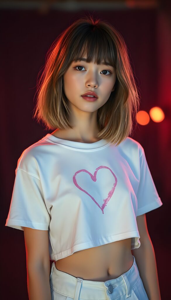 a realistic photography of a (((cute teen girlie))) with (((soft open straight brown hair and blond highlights falls down, bangs and perfect shoulder length bob cut))), a ((white thin cropped t-shirt with a pink, heart-shaped stain on the chest)), that gives off a (warm, cozy glow), blended with a cool, vibrant (studio-like lighting) backdrop, perfect for a (summer fashion look). Perfect female body. White cargo pants.