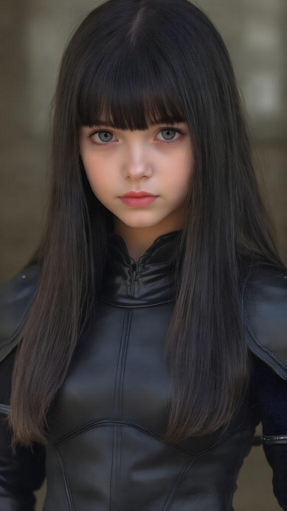 a realistic photo of a young girl in a black leader armor suit. She has very long, straight black hair, bangs hairstyle, perfectly shaped body