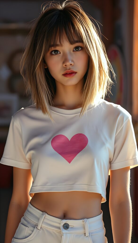 a realistic photography of a (((cute teen girlie))) with (((soft open straight brown hair and blond highlights falls down, bangs and perfect shoulder length bob cut))), a ((white thin cropped t-shirt with a pink, heart-shaped stain on the chest)), that gives off a (warm, cozy glow), blended with a cool, vibrant (studio-like lighting) backdrop, perfect for a (summer fashion look). Perfect female body. White cargo pants.