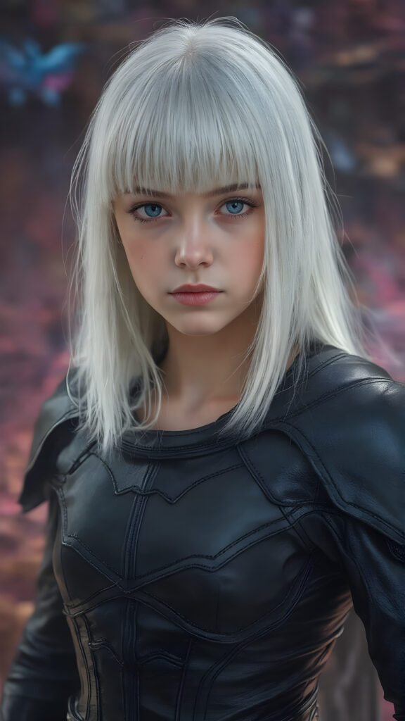 a realistic photo of a young girl in a black leader armor suit. She has straight platinum white hair, bangs hairstyle, perfectly shaped body, blue eyes, perfect curved female body, seductive