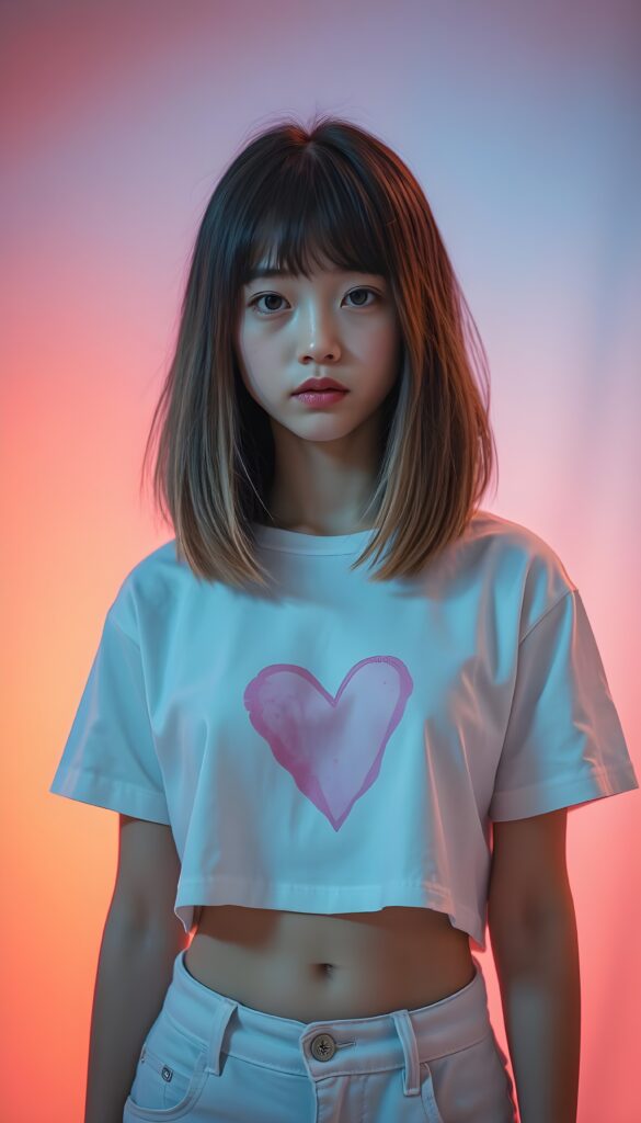 a realistic photography of a (((cute teen girlie))) with (((soft open straight brown hair and blond highlights falls down, bangs and perfect shoulder length bob cut))), a ((white thin cropped t-shirt with a pink, heart-shaped stain on the chest)), that gives off a (warm, cozy glow), blended with a cool, vibrant (studio-like lighting) backdrop, perfect for a (summer fashion look). Perfect female body. White cargo pants.