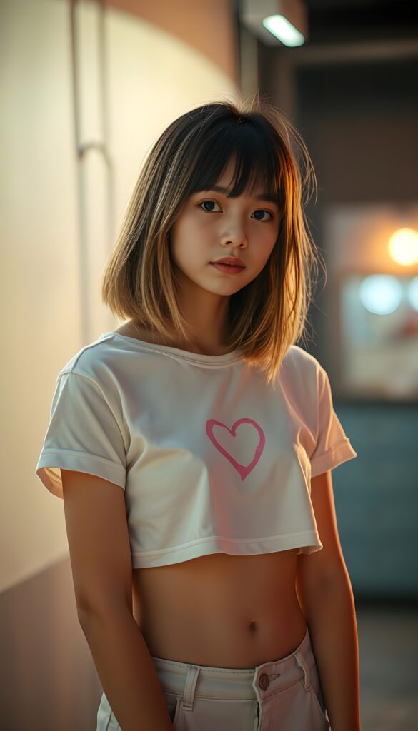a realistic photography of a (((cute teen girlie))) with (((soft open straight brown hair and blond highlights falls down, bangs and perfect shoulder length bob cut))), a ((white thin cropped t-shirt with a pink, heart-shaped stain on the chest)), that gives off a (warm, cozy glow), blended with a cool, vibrant (studio-like lighting) backdrop, perfect for a (summer fashion look). Perfect female body. White cargo pants.