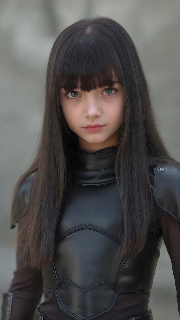 a realistic photo of a young girl in a black leader armor suit. She has very long, straight black hair, bangs hairstyle, perfectly shaped body