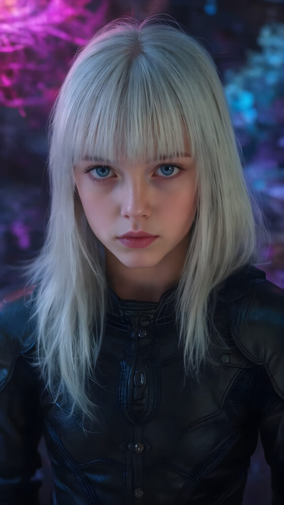 a realistic photo of a young girl in a black leader armor suit. She has straight platinum white hair, bangs hairstyle, perfectly shaped body, blue eyes, perfect curved female body, seductive