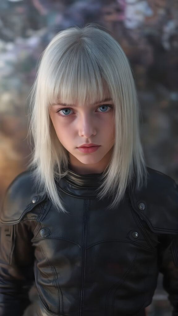 a realistic photo of a young girl in a black leader armor suit. She has straight platinum white hair, bangs hairstyle, perfectly shaped body, blue eyes, perfect curved female body, seductive