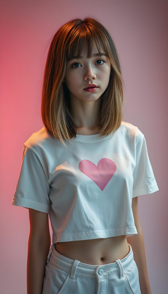 a realistic photography of a (((cute teen girlie))) with (((soft open straight brown hair and blond highlights falls down, bangs and perfect shoulder length bob cut))), a ((white thin cropped t-shirt with a pink, heart-shaped stain on the chest)), that gives off a (warm, cozy glow), blended with a cool, vibrant (studio-like lighting) backdrop, perfect for a (summer fashion look). Perfect female body. White cargo pants.