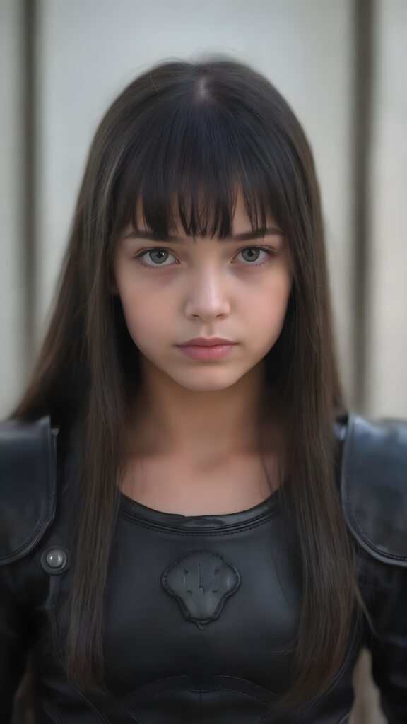 a realistic photo of a young girl in a black leader armor suit. She has very long, straight black hair, bangs hairstyle, perfectly shaped body