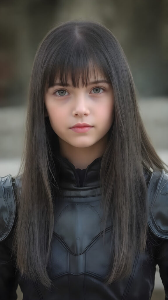a realistic photo of a young girl in a black leader armor suit. She has very long, straight black hair, bangs hairstyle, perfectly shaped body