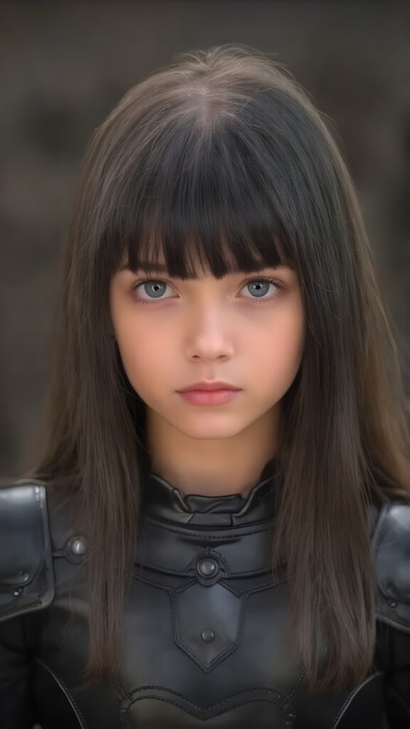 a realistic photo of a young girl in a black leader armor suit. She has very long, straight black hair, bangs hairstyle, perfectly shaped body