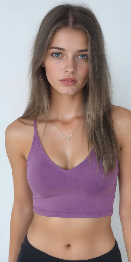 a realistic studio photo from (((a well busty young teen girl))), ((long straight super soft hair)), ((full lips)), ((perfect round face)), dressed in a sleek ((form-fitting violet cropped tank top with deep v-neck)), ((black mini skirt)), accentuating her (((navel))), and a delicate ((small chain around her neck)), along with ((black tights)), posing confidently for the camera, exuding (((stunning beauty))) and (((flawless detail))), with a (((perfectly curved body)))