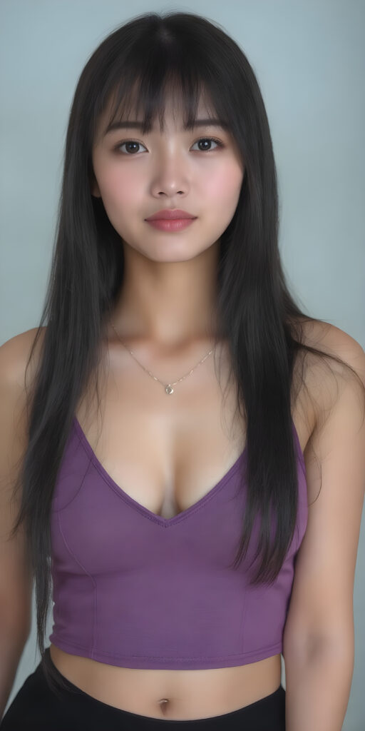 a realistic studio photo from (((a well busty young Japanese teen girl))), ((long straight black super soft hair)), ((full lips)), ((perfect round face)), dressed in a sleek ((form-fitting violet cropped tank top with deep v-neck)), ((black mini skirt)), accentuating her (((navel))), and a delicate ((small chain around her neck)), along with ((black tights)), posing confidently for the camera, exuding (((stunning beauty))) and (((flawless detail))), with a (((perfectly curved body))) ((full body))