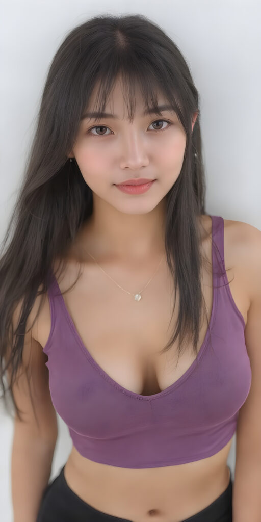 a realistic studio photo from (((a well busty young Japanese teen girl))), ((long straight black super soft hair)), ((full lips)), ((perfect round face)), dressed in a sleek ((form-fitting violet cropped tank top with deep v-neck)), ((black mini skirt)), accentuating her (((navel))), and a delicate ((small chain around her neck)), along with ((black tights)), posing confidently for the camera, exuding (((stunning beauty))) and (((flawless detail))), with a (((perfectly curved body))) ((full body))