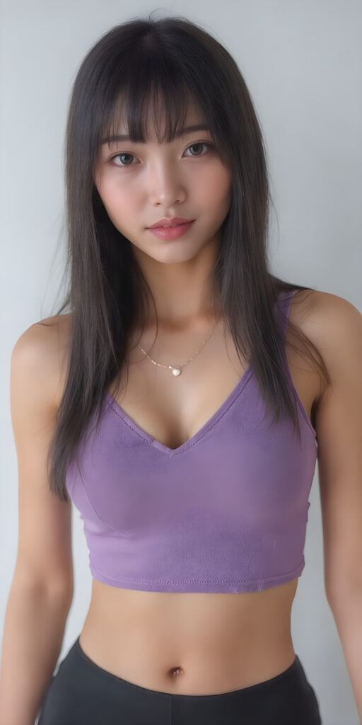 a realistic studio photo from (((a well busty young Japanese teen girl))), ((long straight black super soft hair)), ((full lips)), ((perfect round face)), dressed in a sleek ((form-fitting violet cropped tank top with deep v-neck)), ((black mini skirt)), accentuating her (((navel))), and a delicate ((small chain around her neck)), along with ((black tights)), posing confidently for the camera, exuding (((stunning beauty))) and (((flawless detail))), with a (((perfectly curved body))) ((full body))