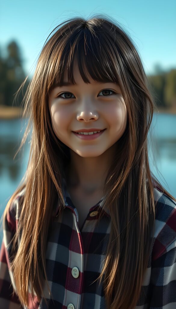 a small, young girl in a plaid shirt. She has long, straight hair and dark eyes. The picture is very detailed. Full lips and an angelic face. A lake can be seen in the background. Sunny. She smile very happy. Friedly.