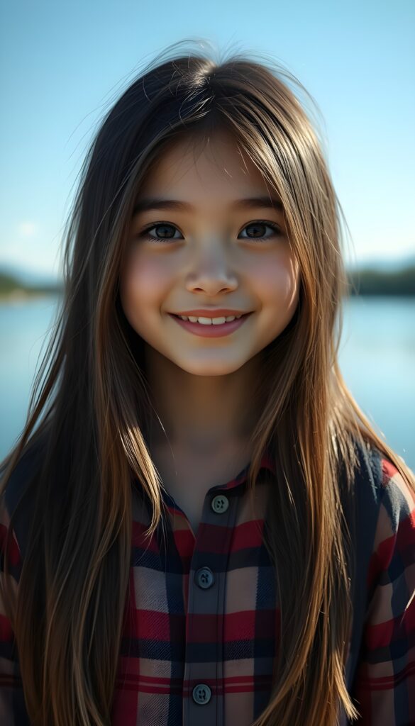 a small, young girl in a plaid shirt. She has long, straight hair and dark eyes. The picture is very detailed. Full lips and an angelic face. A lake can be seen in the background. Sunny. She smile very happy. Friedly.