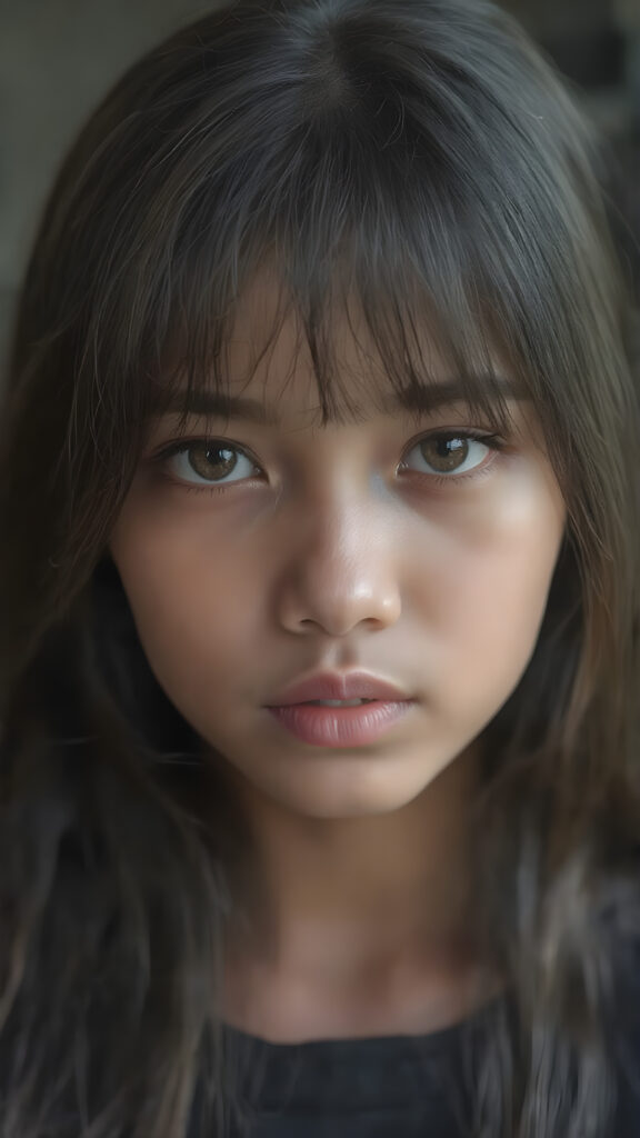a (((realistically portrayal))) of a (((beautifully elegant young Burmese girl))), with long, straight, hazelnut hair framing a (((stunningly realistic, detailed face))), characterized by intricate features like (((round hazelnut eyes))), cut bangs, and a softly down turned mouth, captured in a (((side perspective, perfect body))), her expression suggestive of melancholy