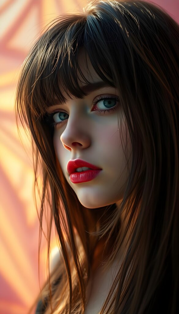 a (((realistically modelled, highly detailed))) (((close-up portrait))), with ((skin complexion)), (((straight hair))), and (((red lips))), capturing a (((cute emo girl aesthetic))) with a (((super long, messy, big hair))), framed by a (((vividly colorful, highly detailed backdrop))) that gives off a (((sunny, psychedelic glow))), suggestive of a (dreamy, cloudy, romantic setting)