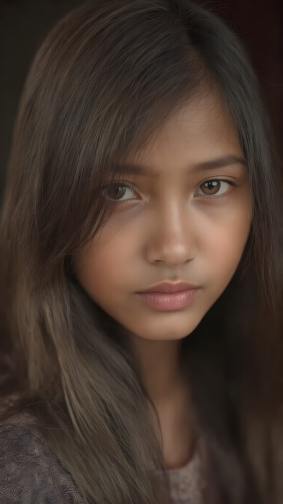 a (((realistically portrayal))) of a (((beautifully elegant young Burmese girl))), with long, straight, hazelnut hair framing a (((stunningly realistic, detailed face))), characterized by intricate features like (((round hazelnut eyes))), cut bangs, and a softly down turned mouth, captured in a (((side perspective, perfect body))), her expression suggestive of melancholy