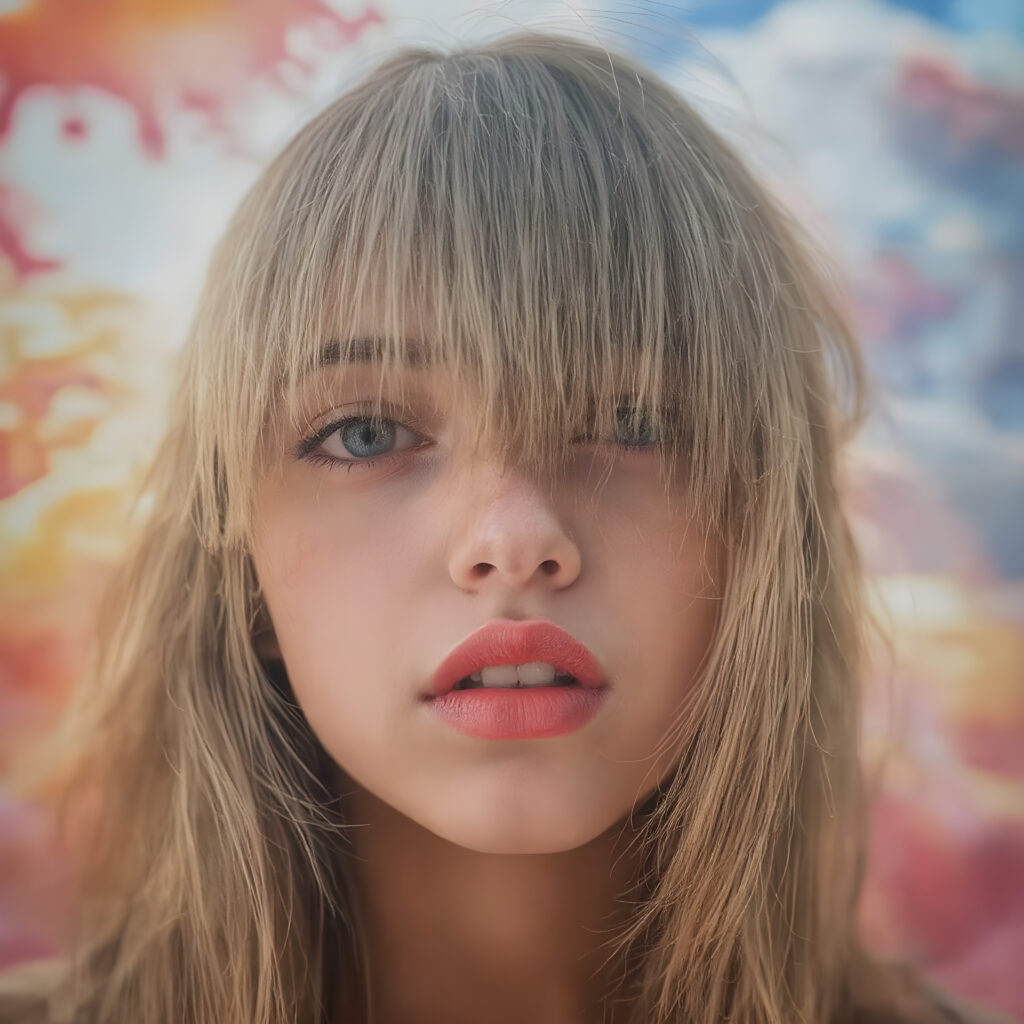 a (((realistically modelled, highly detailed))) (((close-up portrait))), with ((skin complexion)), (((straight hair))), and (((red lips))), capturing a (((cute emo girl aesthetic))) with a (((super long, messy, big hair))), framed by a (((vividly colorful, highly detailed backdrop))) that gives off a (((sunny, psychedelic glow))), suggestive of a (dreamy, cloudy, romantic setting)