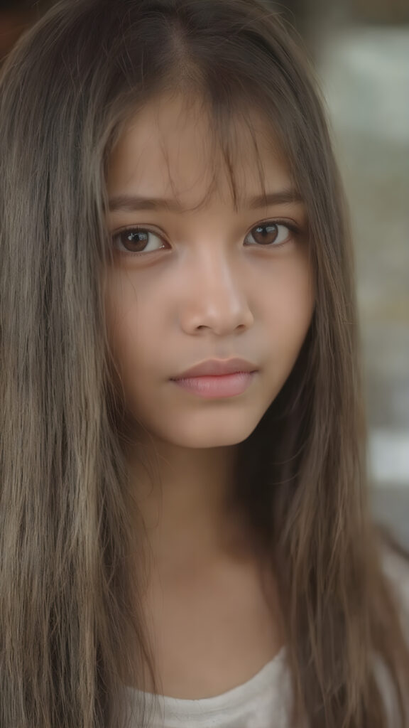 a (((realistically portrayal))) of a (((beautifully elegant young Burmese girl))), with long, straight, hazelnut hair framing a (((stunningly realistic, detailed face))), characterized by intricate features like (((round hazelnut eyes))), cut bangs, and a softly down turned mouth, captured in a (((side perspective, perfect body))), her expression suggestive of melancholy