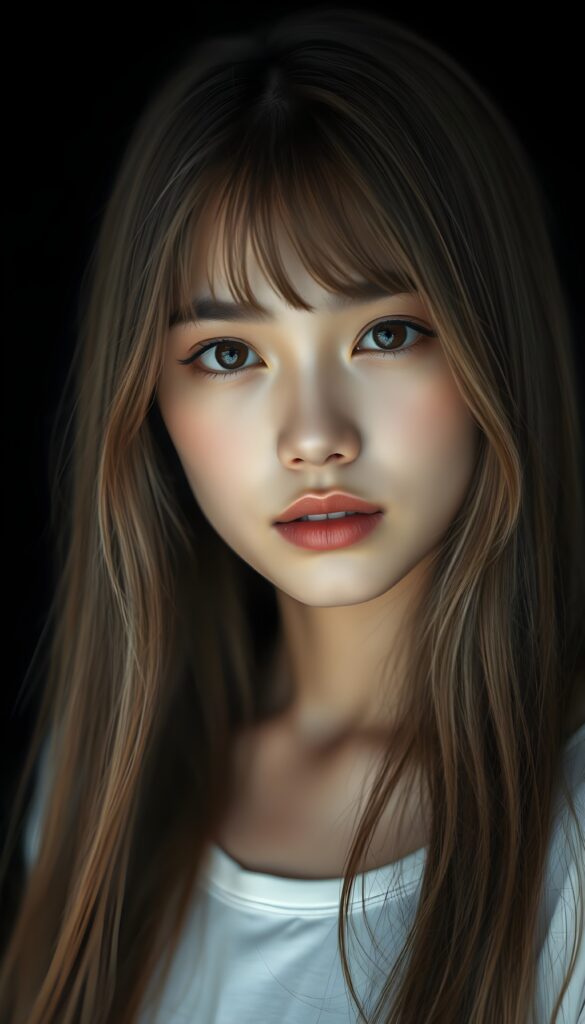 a (((realistically drawn portrayal))) of a (((beautifully elegant young Burmese girl))), with ((long, straight, hazelnut super soft hair and blond highlights)) framing a (((stunningly realistic, detailed face))), characterized by intricate features like (((round hazelnut eyes))), bangs cut frame her face, and a softly down turned mouth, captured in a (((perfect flawless skin))), her expression suggestive of melancholy